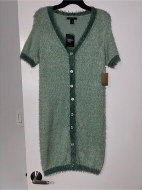 Forever 21 Sage Green Fuzzy Knit False Button-Front Short Sleeve Mini Dress Sz M